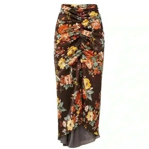NWOT Veronica Beard Pixie ruched floral print satin midi skirt in Oxblood - Picture 4 of 8